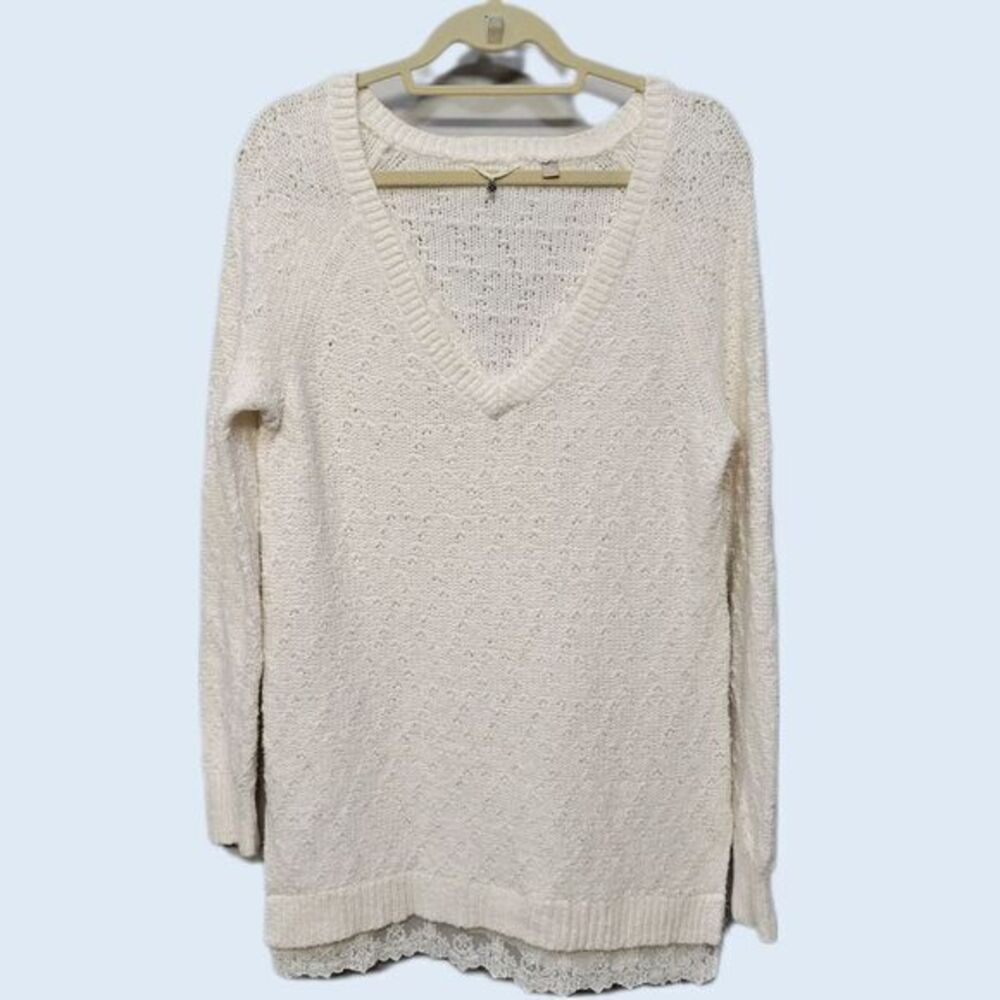 Anthropologie Knitted‎ & Knotted Sweater Size M White Lace Boho Cottage Grandma